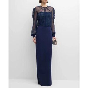 Chiara Boni La Petite Robe Navy Rhinestone-Embellished Illusion Column Gown